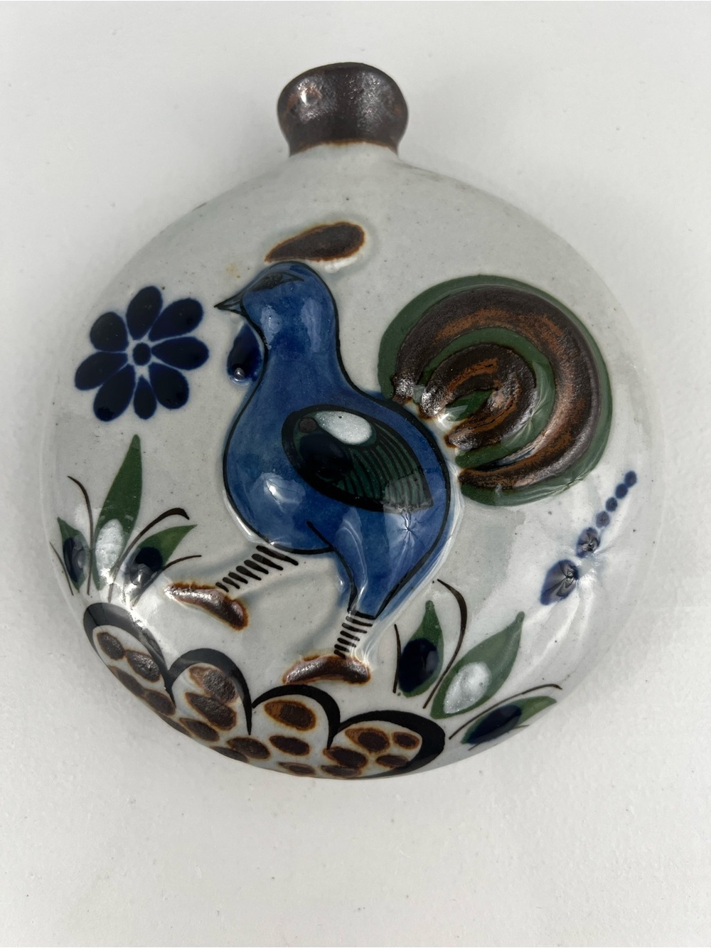 VTG Tonala Mexican Folk Art Pottery Pillow Canteen Vase Rooster Wall Hanging 6"